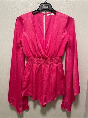 Caramela Hot Pink Satin Bell Sleeve Romper - Vibrant & Flowy